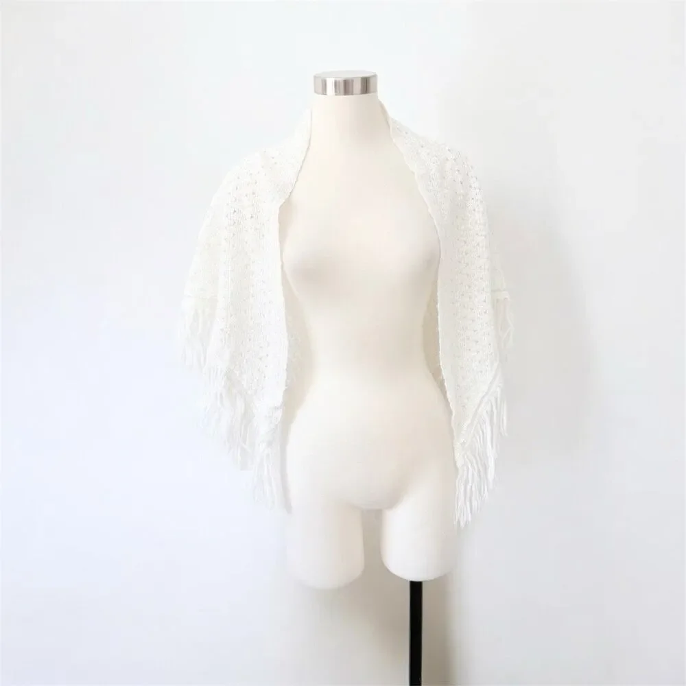 White Knit Crochet Fringe Tassel Shawl Scarf Open Drape Boho